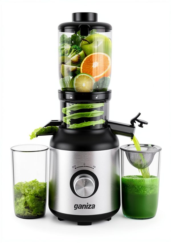 Ganiza Cold Press Juicer, 4.3" Compact Space-Saving Design Juicer Machine with 3 Replaceable Filters, One-Touch & Ultra-Quiet Operation, BPA-Free Easy to Clean, Silver-0