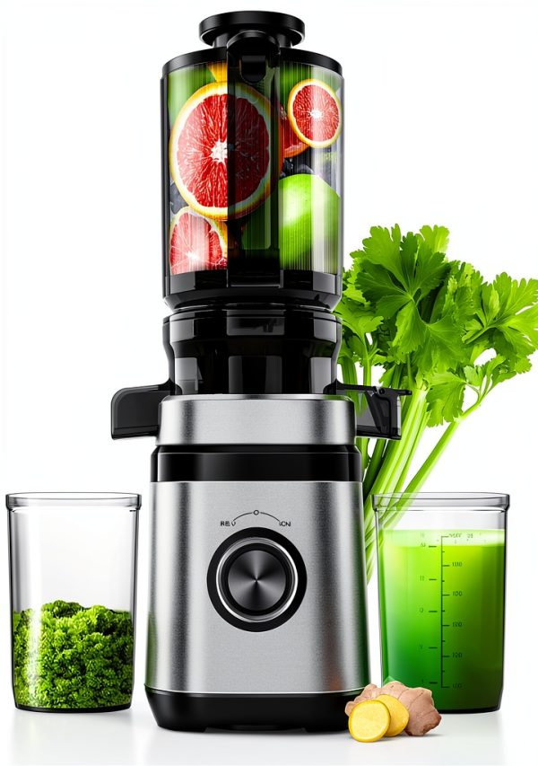Juicer Machines, Cold Press Juicer with Wide Feed Chute, Slow Masticating Juicers for Whole Vegetables & Fruits, High Juice Yield, Easy to Clean, Large Auger, Light Silver-0