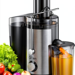 Qcen Juicer Machine, 800W Centrifugal Juicer Extractor with Wide Mouth 3” Feed Chute for Fruit Vegetable, Easy to Clean, Stainless Steel, BPA-free (Black)-0