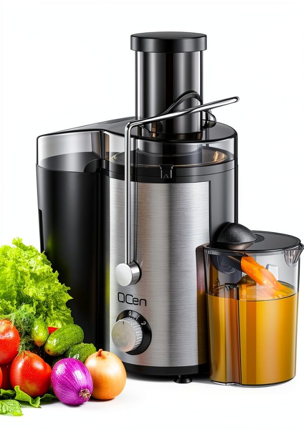 Qcen Juicer Machine, 800W Centrifugal Juicer Extractor with Wide Mouth 3” Feed Chute for Fruit Vegetable, Easy to Clean, Stainless Steel, BPA-free (Black)-0